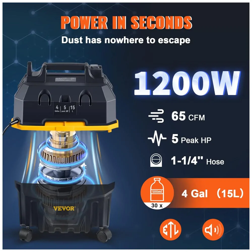 Aspirador de Pó e Líquidos 3 em 1 com Função de Sopro, 15.16L, 120V 1200W, VEVOR, Preto e Amarelo