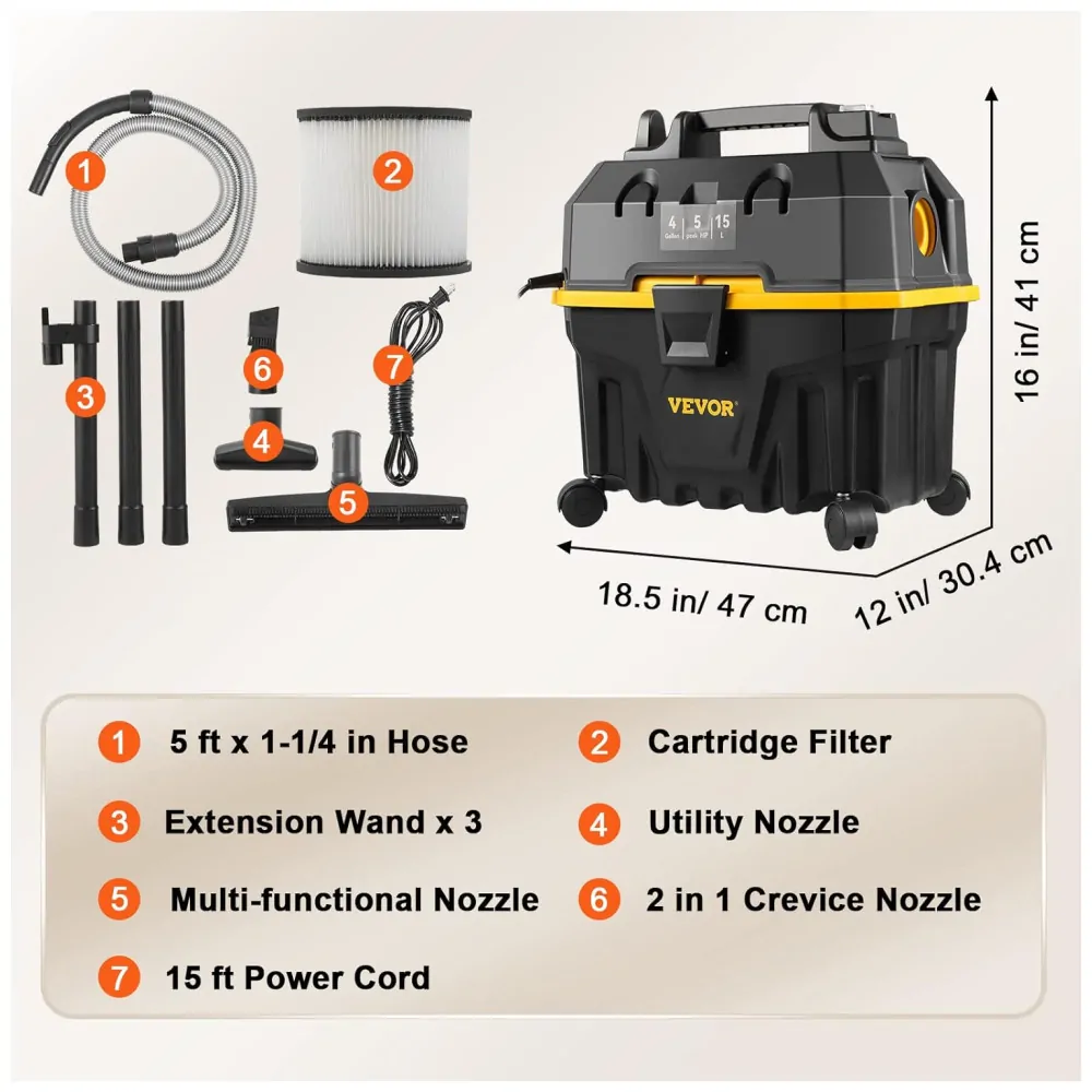 Aspirador de Pó e Líquidos 3 em 1 com Função de Sopro, 15.16L, 120V 1200W, VEVOR, Preto e Amarelo