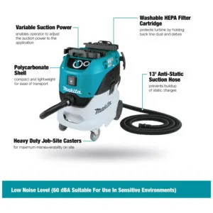 Aspirador e Extrator de Pó Profissional de 41,69L com Filtro HEPA para Molhado e Seco, 110V, Makita VC4210L, Azul