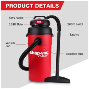 Aspirador de Pó Úmido e Seco 18,9L com Mangueira Extra Longa de 5 Metros e Acessórios, 110V 135W, Shop Vac, Vermelho