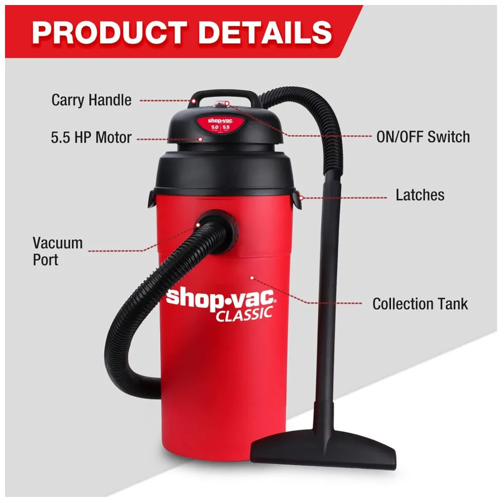 Aspirador de Pó Úmido e Seco 18,9L com Mangueira Extra Longa de 5 Metros e Acessórios, 110V 135W, Shop Vac, Vermelho