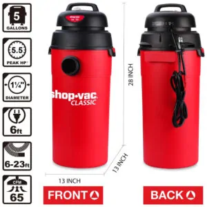 Aspirador de Pó Úmido e Seco 18,9L com Mangueira Extra Longa de 5 Metros e Acessórios, 110V 135W, Shop Vac, Vermelho