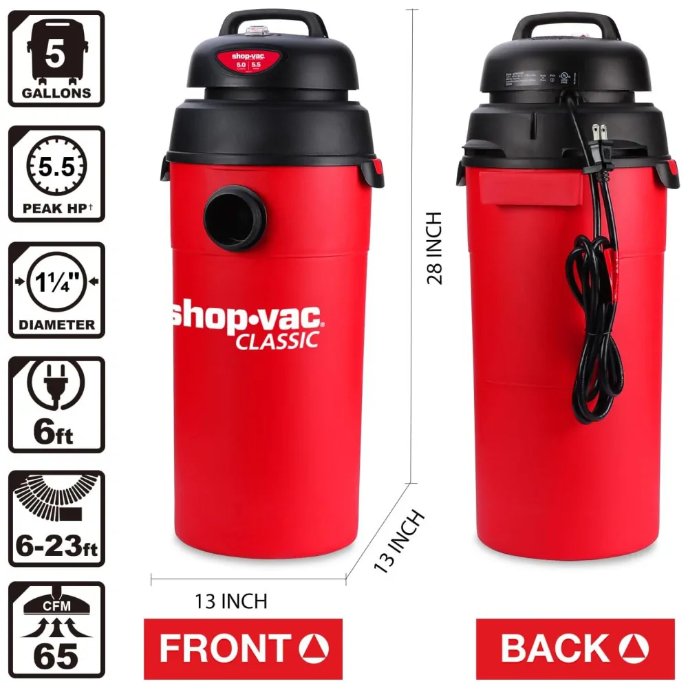Aspirador de Pó Úmido e Seco 18,9L com Mangueira Extra Longa de 5 Metros e Acessórios, 110V 135W, Shop Vac, Vermelho