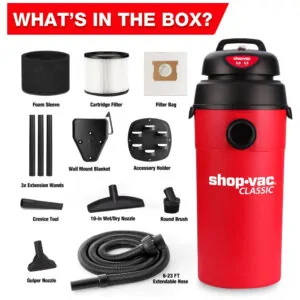 Aspirador de Pó Úmido e Seco 18,9L com Mangueira Extra Longa de 5 Metros e Acessórios, 110V 135W, Shop Vac, Vermelho