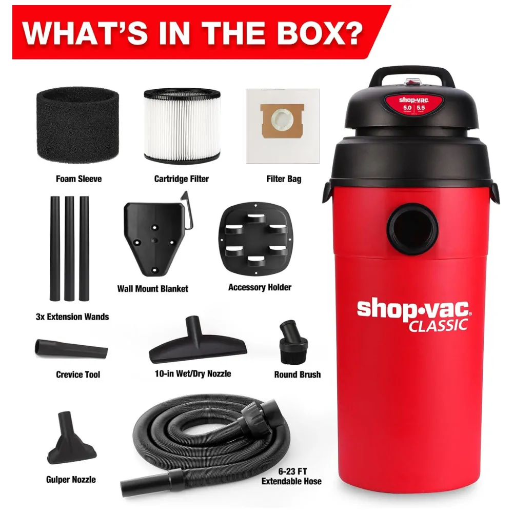Aspirador de Pó Úmido e Seco 18,9L com Mangueira Extra Longa de 5 Metros e Acessórios, 110V 135W, Shop Vac, Vermelho