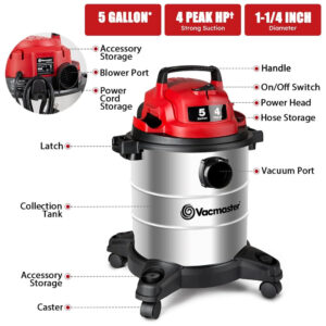 Aspirador de Pó VOC508S Seco e Úmido 19L, 4CV de Potência com Extensores, 110v, VACMASTER, Cinza