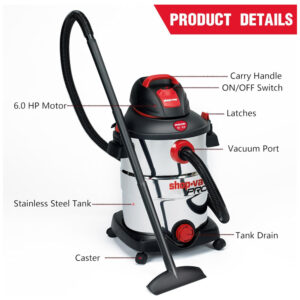 Aspirador de Pó Profissional de 45,48 Litros com Tanque de Aço Inoxidável, Motor de 6 Picos, 110V 1416W, Shop Vac Pro, Prata