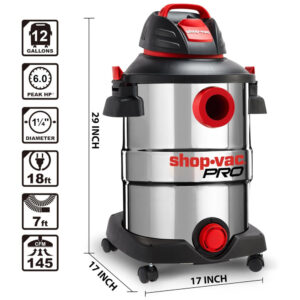 Aspirador de Pó Profissional de 45,48 Litros com Tanque de Aço Inoxidável, Motor de 6 Picos, 110V 1416W, Shop Vac Pro, Prata