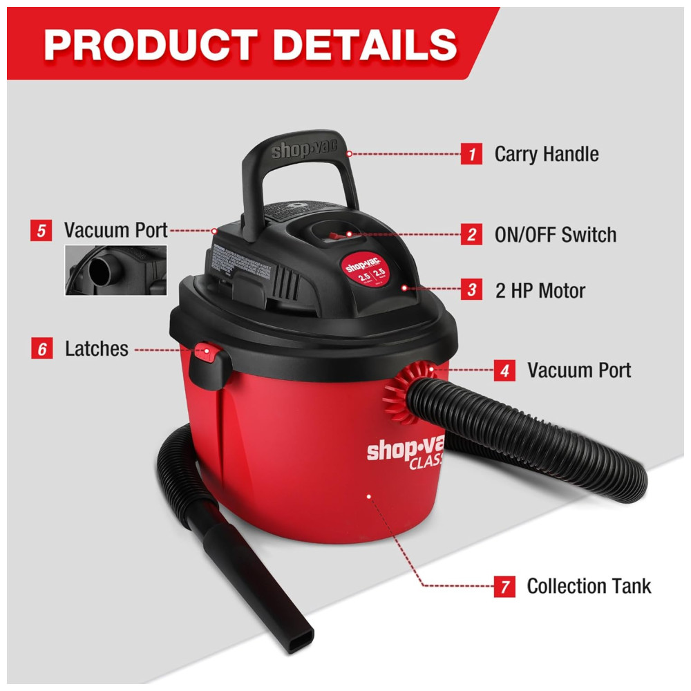Aspirador de Pó Portátil de 9,48L, Úmido e Seco com Alça Dobrável e Suporte, 110V 1200W Shop Vac, Vermelho