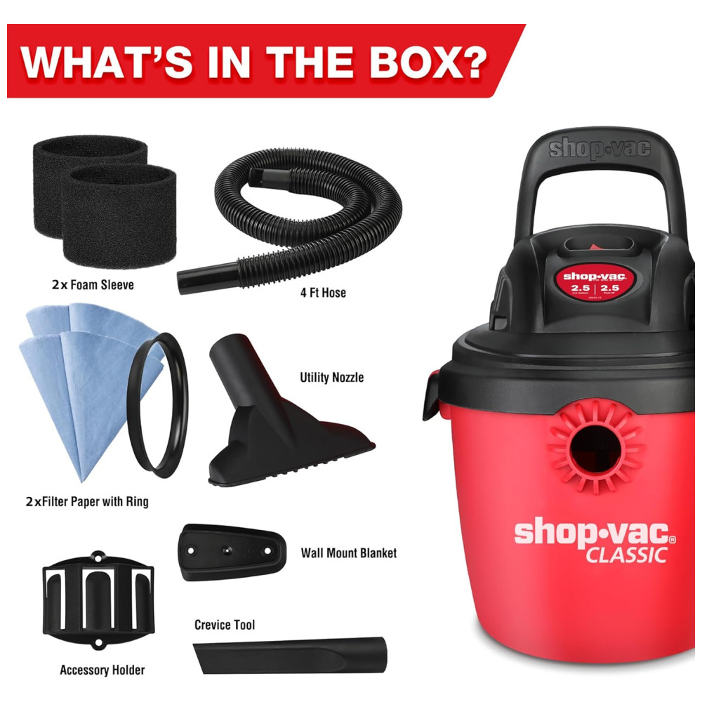 Aspirador de Pó Portátil de 9,48L, Úmido e Seco com Alça Dobrável e Suporte, 110V 1200W Shop Vac, Vermelho