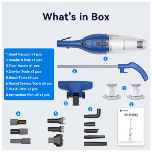 Aspirador de Pó Multifuncional com Fio, Acessórios e Sucção Potente 15000PA, 11OV 400W, TC JUNESUN, Azul Marinho