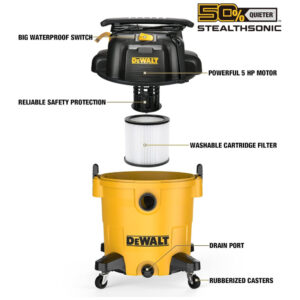 Aspirador de Pó e Líquidos 45,4L com Redução de Ruído, Resistente à Água e Design Compacto, 110V 300W, DEWALT DXV12PQTA, Amarelo