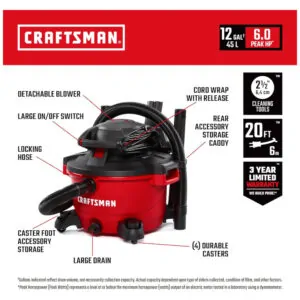 Aspirador de Pó Seco e Úmido 45L, 6CV de potência com Soprador de Folhas, 110v, CRAFTSMAN CMXEVBE17606, Vermelho
