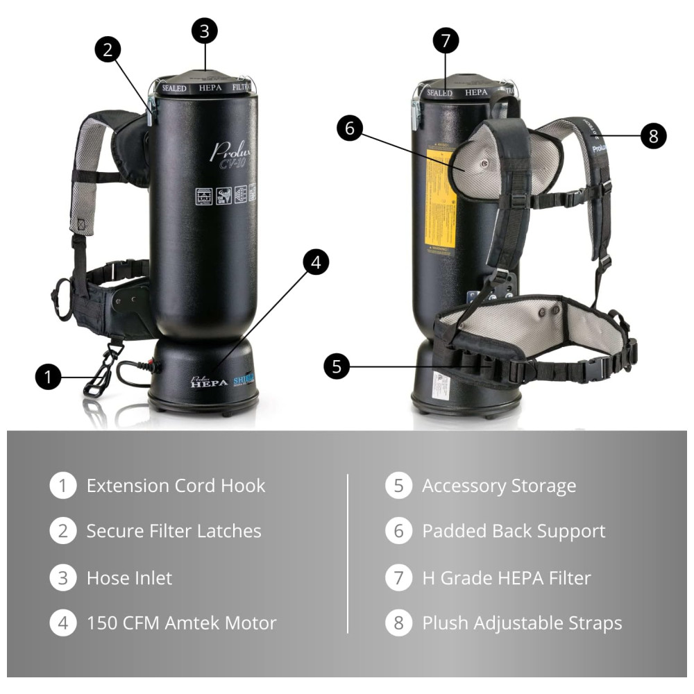Aspirador de Pó Mochila Comercial 9,3L com Filtro HEPA e Acessórios Premium, 110V 1100W, Prolux, Preto