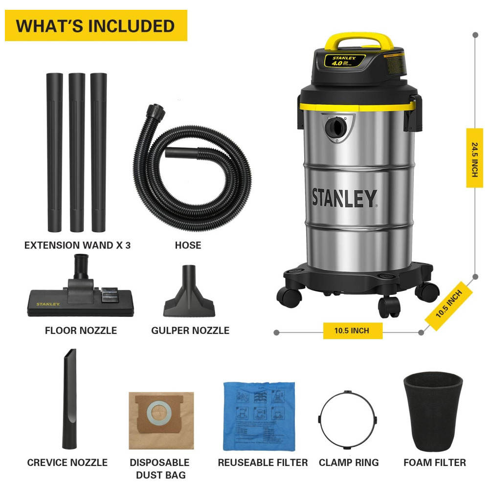 Aspirador de Pó Úmido e Seco de 18,95L, 4CV, Tanque em Aço Inox, 110V 600W, Stanley SL18130, Amarelo Prateado