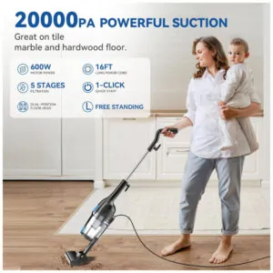 Aspirador de Pó Vertical com Fio, 20Kpa de Sucção Potente, Filtro HEPA, Leve e Versátil, Ideal para Pêlos de Animais e Pisos Difíceis,Vazone