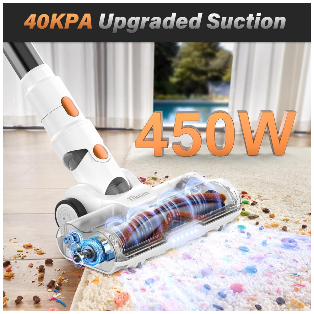 ectqt2gn11jd0b_1 jpg - Aspirador de Pó Sem Fio Tikom V500 para Casa, 40 kPa 450W com Tela LED Touch, Base de Carregamento na Parede, Anti Emaranhado, Leve para Pêlos de Animais