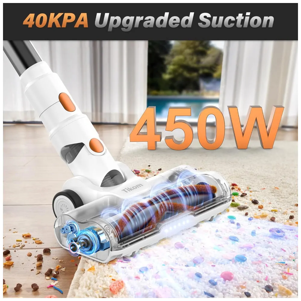 ectqt2gn11jd0b_1 jpg - Aspirador de Pó Sem Fio Tikom V500 para Casa, 40 kPa 450W com Tela LED Touch, Base de Carregamento na Parede, Anti Emaranhado, Leve para Pêlos de Animais