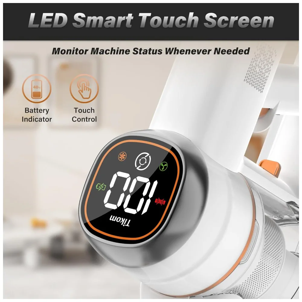 ectqt2gn11jd0b_2 jpg - Aspirador de Pó Sem Fio Tikom V500 para Casa, 40 kPa 450W com Tela LED Touch, Base de Carregamento na Parede, Anti Emaranhado, Leve para Pêlos de Animais