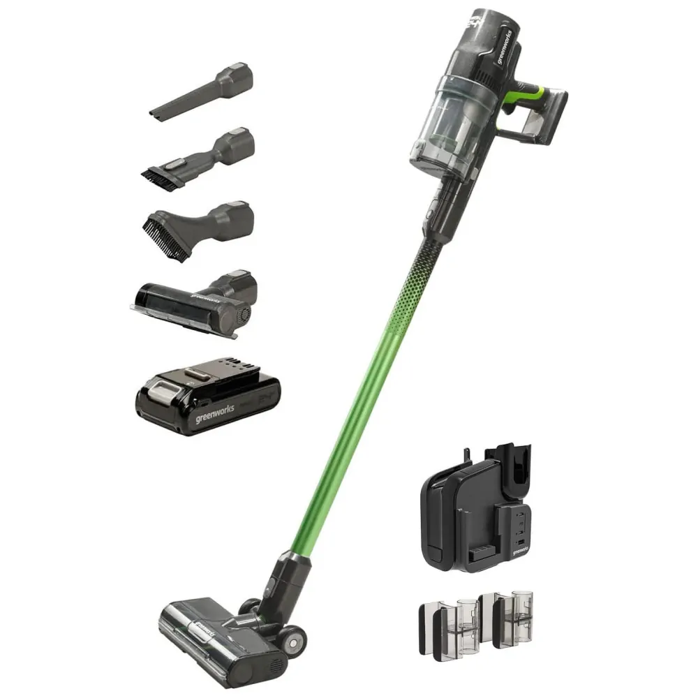 Aspirador de Pó Multifuncional sem Fio com Acessórios, Farol de LED e Carregador USB Ideal para Pets, 170W, 110v, GREENWORKS SVG24L410, Verde