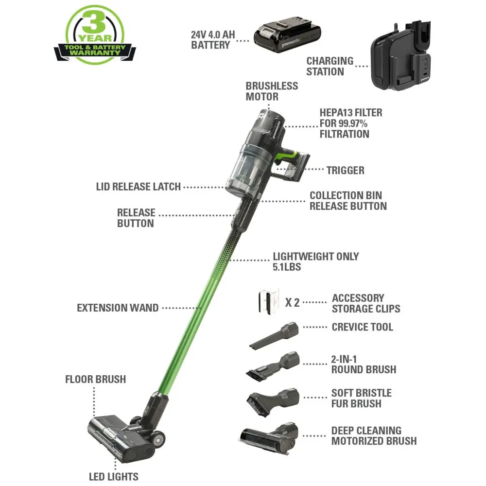 Aspirador de Pó Multifuncional sem Fio com Acessórios, Farol de LED e Carregador USB Ideal para Pets, 170W, 110v, GREENWORKS SVG24L410, Verde