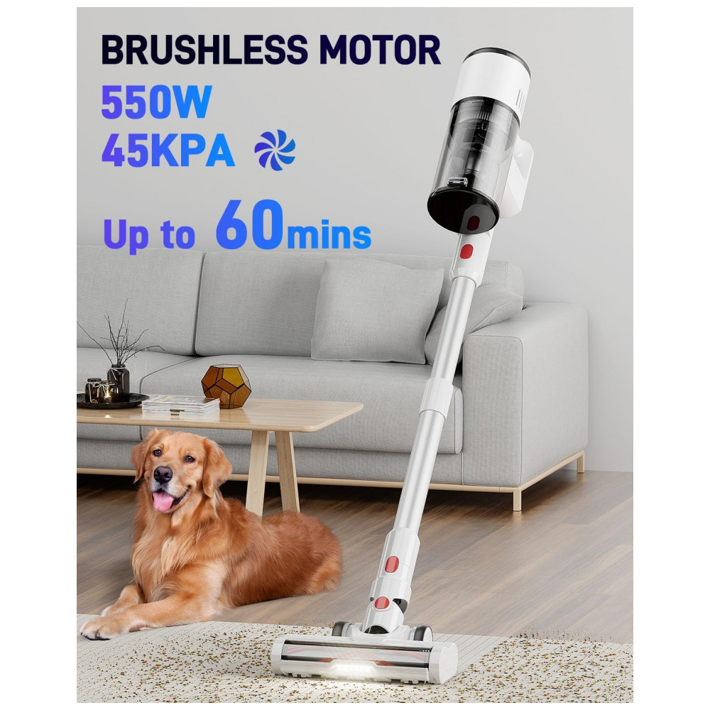 Aspirador de Pó Sem Fio 550W 45 KPa para Pelos de Animais, Tapetes e Pisos de Madeira 60 Min de Autonomia, Filtro HEPA, Leve e Recarregável Branco