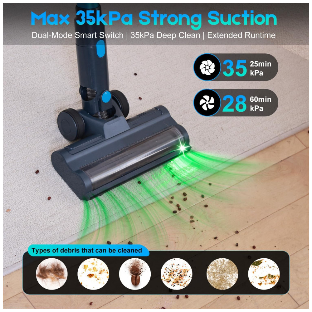 Aspirador de Pó Sem Fio 8 em 1 35kPa 60 Minutos Azul Aqua Potente para Casa, Pêlos de Animais, Carpetes e Pisos Duros