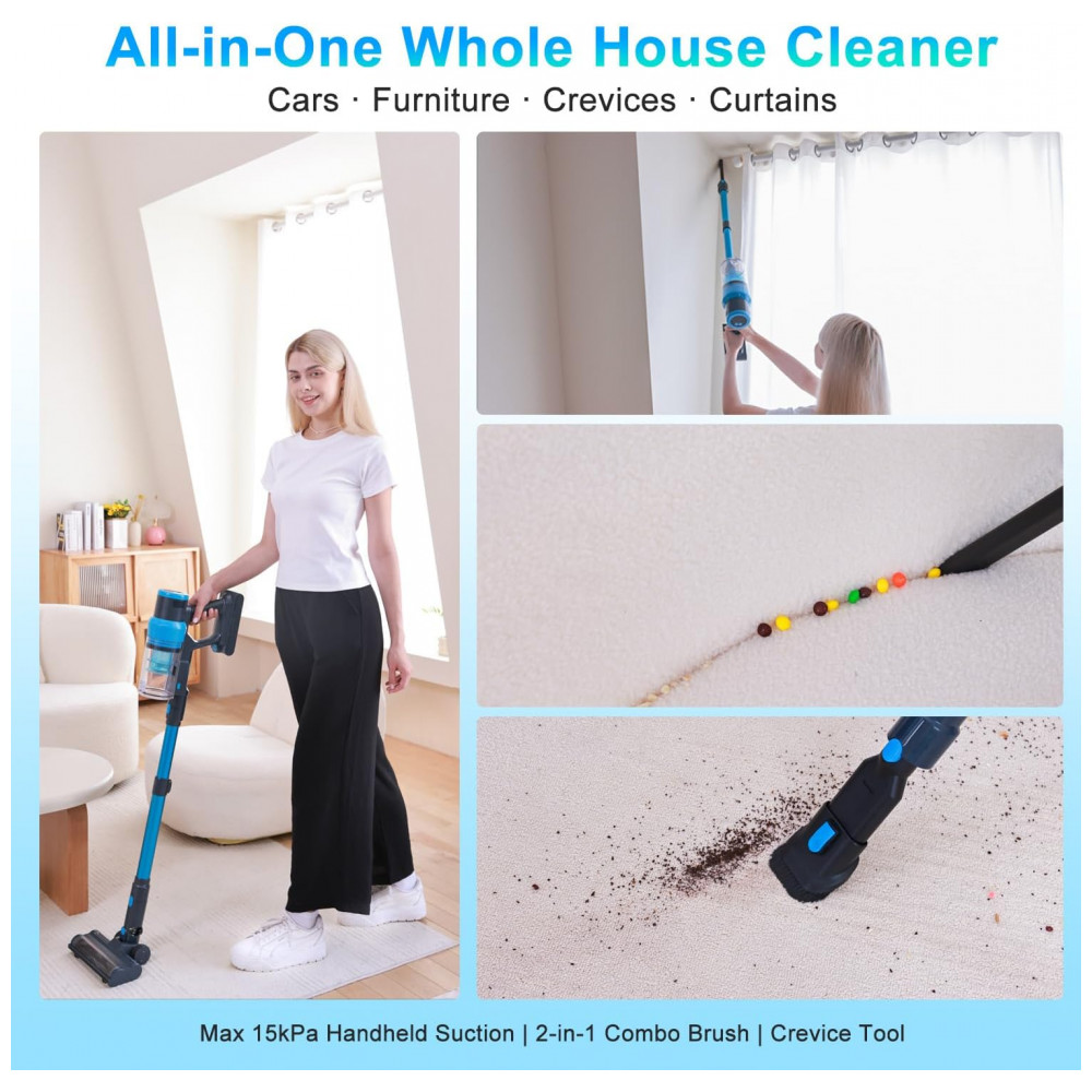 Aspirador de Pó Sem Fio 8 em 1 35kPa 60 Minutos Azul Aqua Potente para Casa, Pêlos de Animais, Carpetes e Pisos Duros