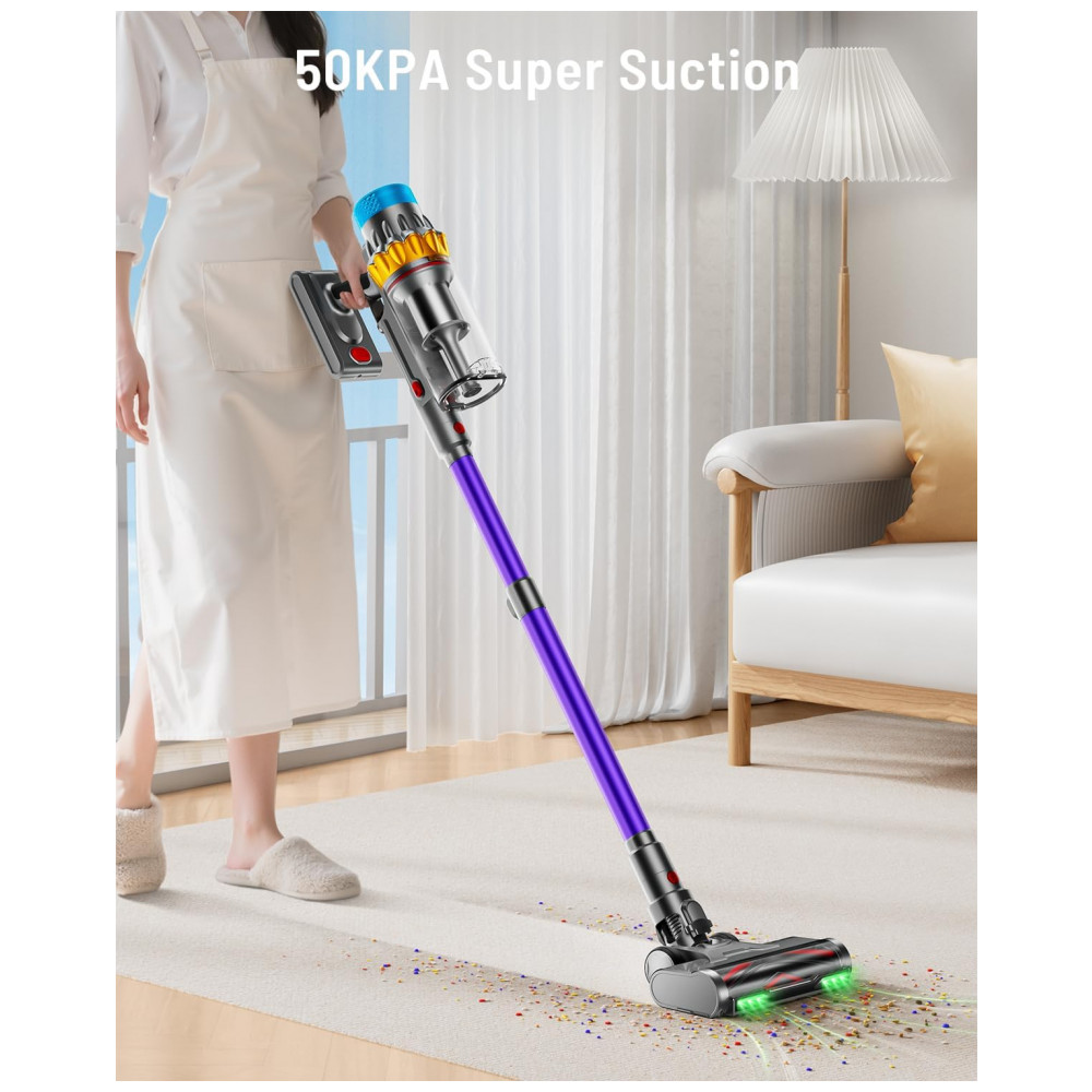 Aspirador de Pó Sem Fio, 600W 50KPA 70Min Aspirador Potente para Casa, Design Autônomo, Tela OLED Anti Emaranhados, Copo 1.8L, JRFYHFT,