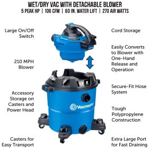 Aspirador de Pó Seco e Úmido 45L, 5CV de Potência com Extensores, 110v, VACMASTER VBV1210, Azul