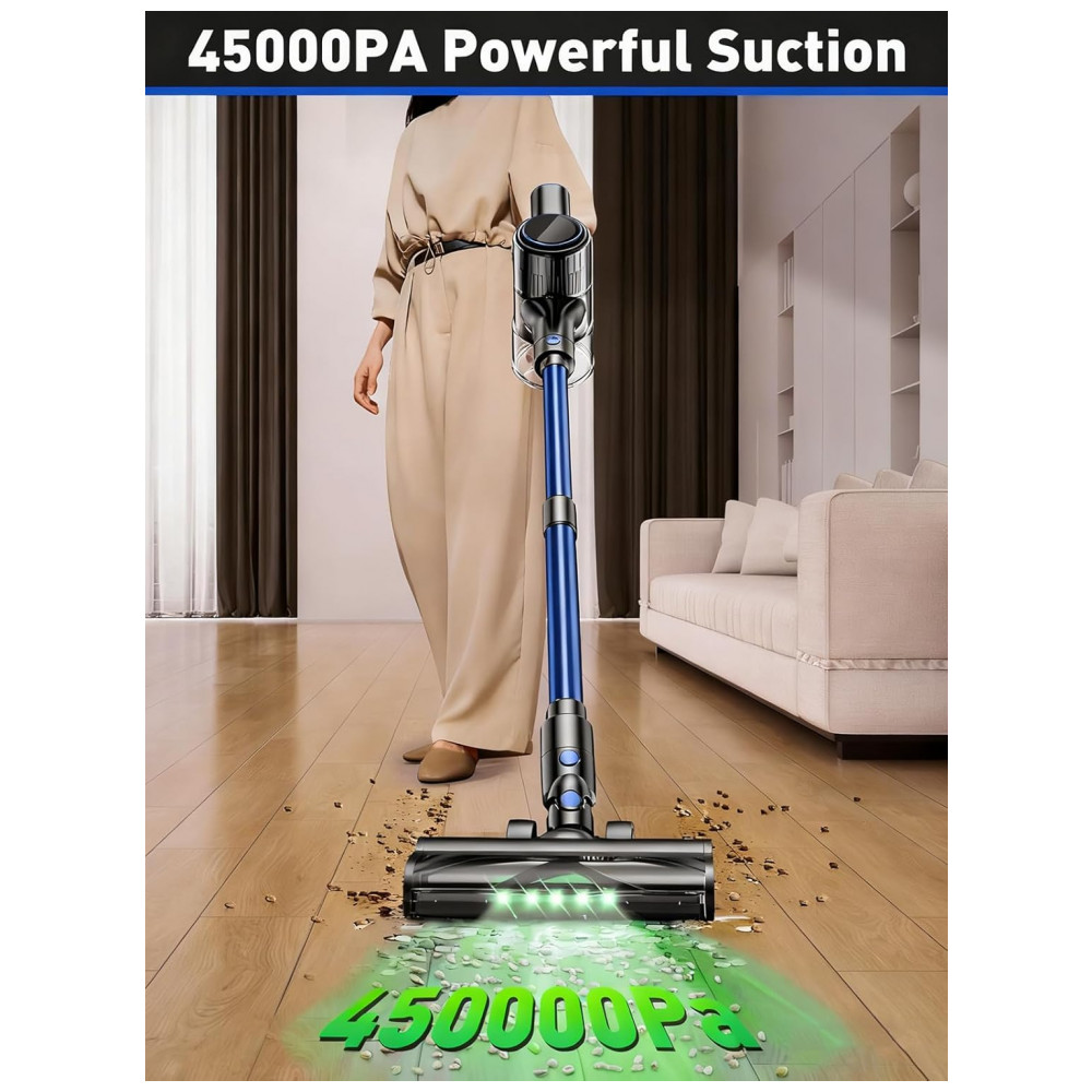 Aspirador de Pó Sem Fio OUYFHK Azul 45KPa 8 em 1 Leve Anti Emaranhado 50 Minutos LED A27D 22.2V