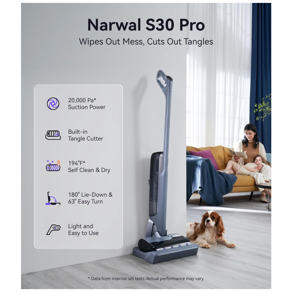 Aspirador e Limpador Úmido Seco NARWAL S30 Pro Cinza Espacial 20000Pa Anti Emaranhado Auto Limpeza 90 C 21.6V