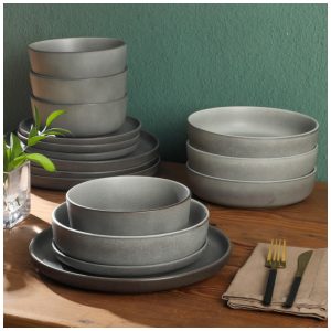 Conjunto de Jantar em Cerâmica de Pedra Estonada Gibson Elite Pasco 16 Peças Serviço para 4 Pessoas Cinza