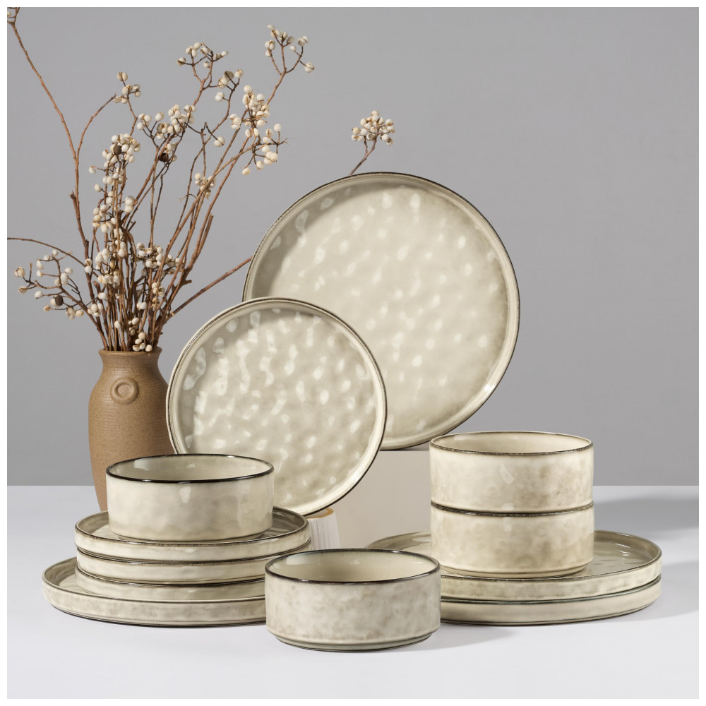 Conjunto de Louças HaWare COSMOS 12 Peças em Stoneware, Resistentes a Lascar e Riscar, Micro ondas e Lava Louças, Cor Saturn Khaki