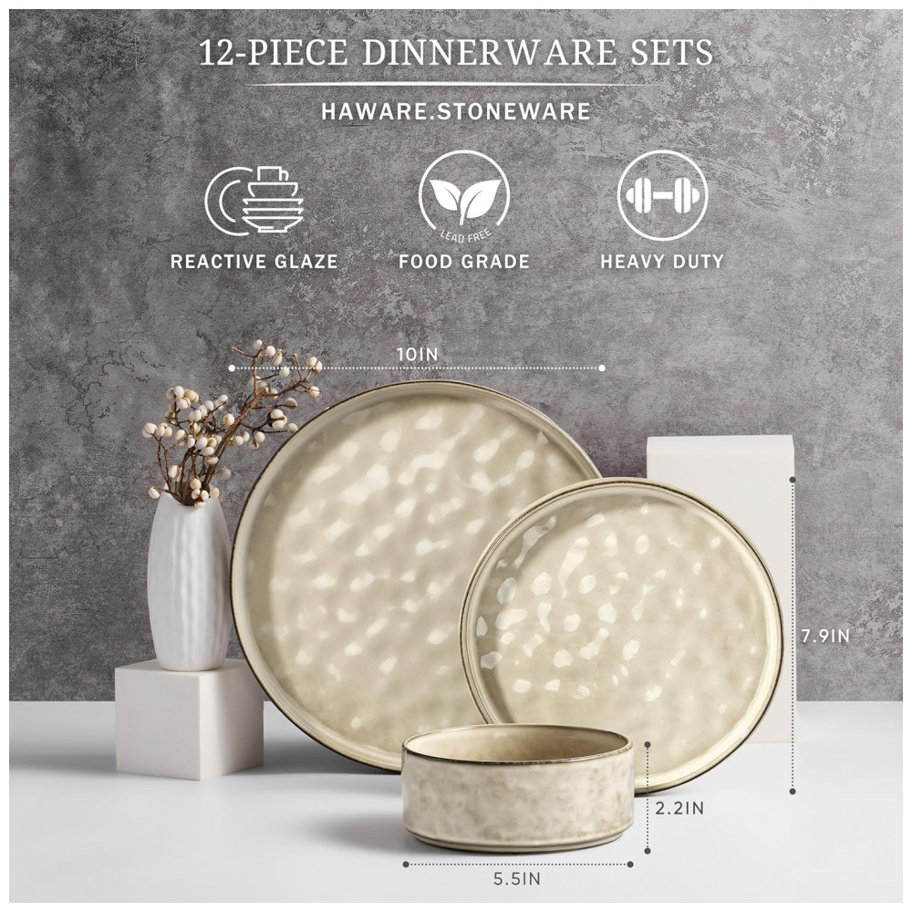 Conjunto de Louças HaWare COSMOS 12 Peças em Stoneware, Resistentes a Lascar e Riscar, Micro ondas e Lava Louças, Cor Saturn Khaki