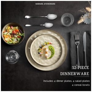 Conjunto de Louças HaWare COSMOS 12 Peças em Stoneware, Resistentes a Lascar e Riscar, Micro ondas e Lava Louças, Cor Saturn Khaki