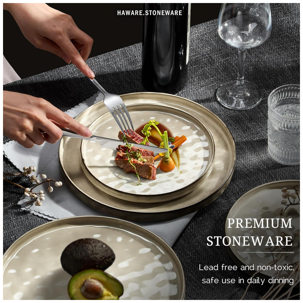Conjunto de Louças HaWare COSMOS 12 Peças em Stoneware, Resistentes a Lascar e Riscar, Micro ondas e Lava Louças, Cor Saturn Khaki