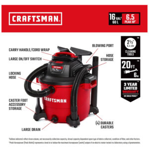 Aspirador de Pó Seco e Úmido 60L, 110v, CRAFTSMAN CMXEVBE17595, Vermelho