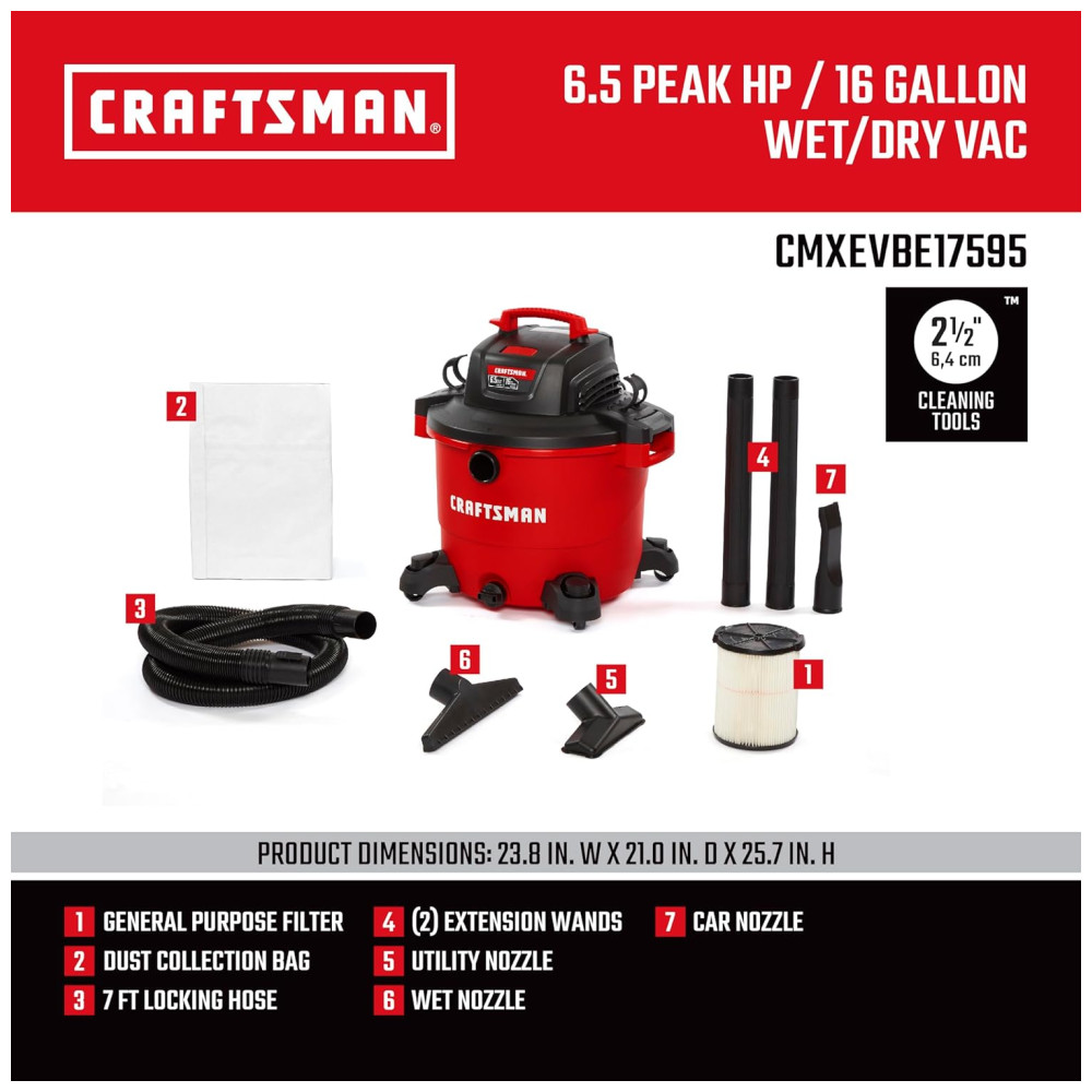 Aspirador de Pó Seco e Úmido 60L, 110v, CRAFTSMAN CMXEVBE17595, Vermelho