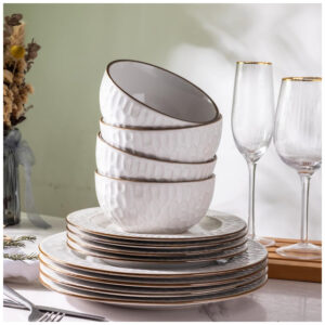 Jogo de Louça em Cerâmica GBHOME, 12 peças com Design Elegante em Alto relevo, Conjunto de Pratos e Tigelas em Stoneware, Presente de Casamento e Chá