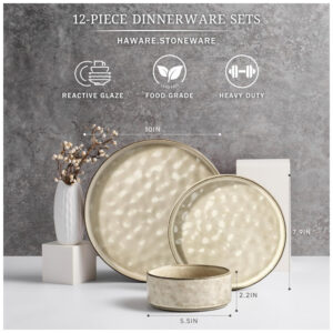 Conjunto de Louças HaWare COSMOS 12 Peças em Stoneware, Resistentes a Lascar e Riscar, Micro ondas e Lava Louças, Cor Saturn Khaki